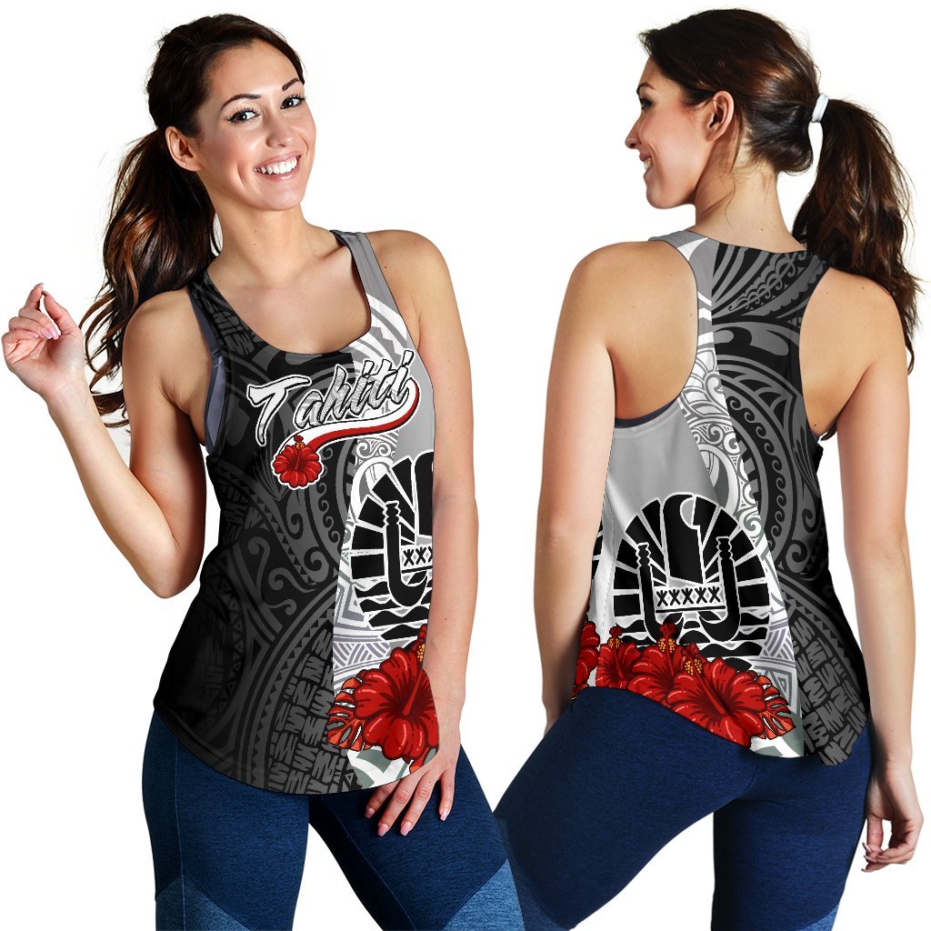 Tahiti Polynesian Women's Racerback Tank - Coat Of Arms With Hibiscus White Black - Polynesian Pride