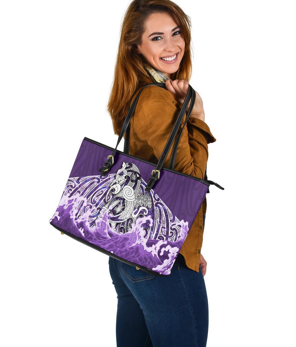 Maori Manaia The Blue Sea Large Leather Tote, Purple - Polynesian Pride