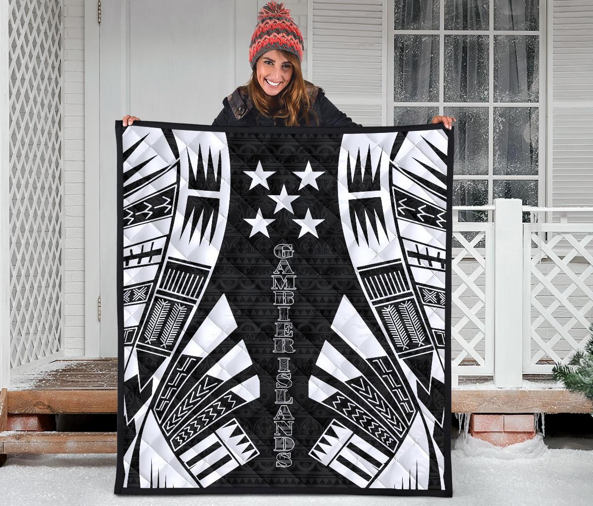 Gambier Islands Premium Quilt - Gambier Islands Flag Polynesian White Tattoo (Black) - Polynesian Pride