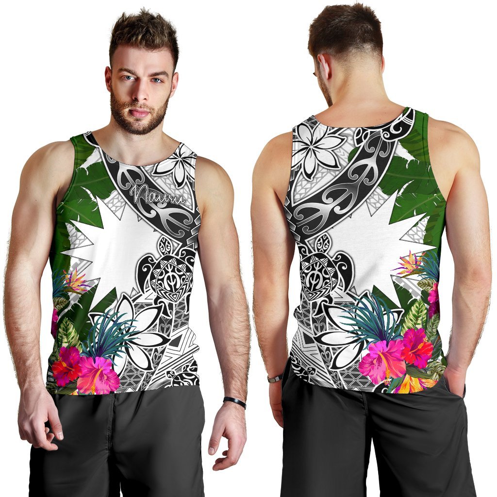 Nauru Men's Tank Top White - Turtle Plumeria Banana Leaf - Polynesian Pride