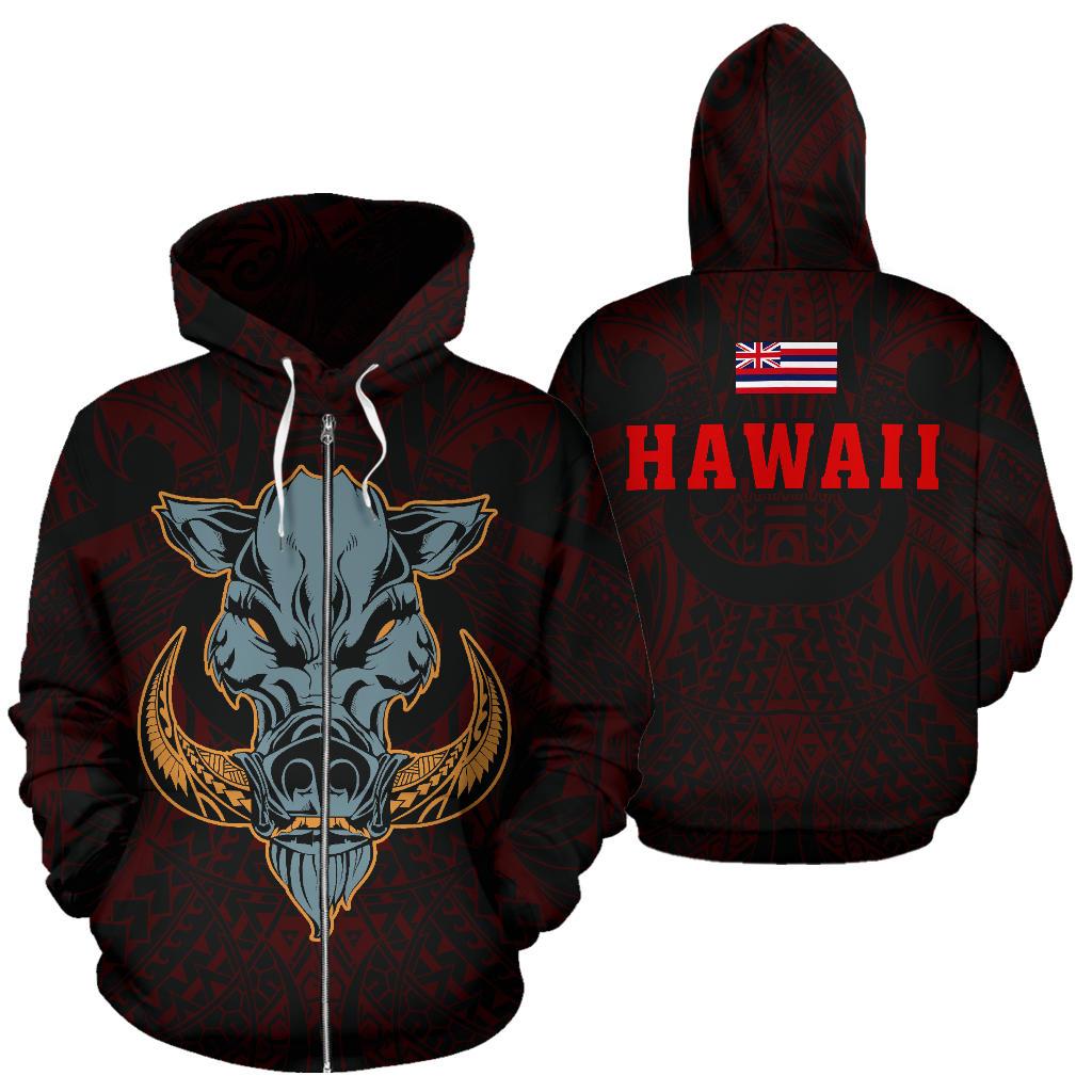 Polynesian Kamapuaa Flag of Hawaii Zip Hoodie Red Hawaiian Mythology Style Unisex Red - Polynesian Pride