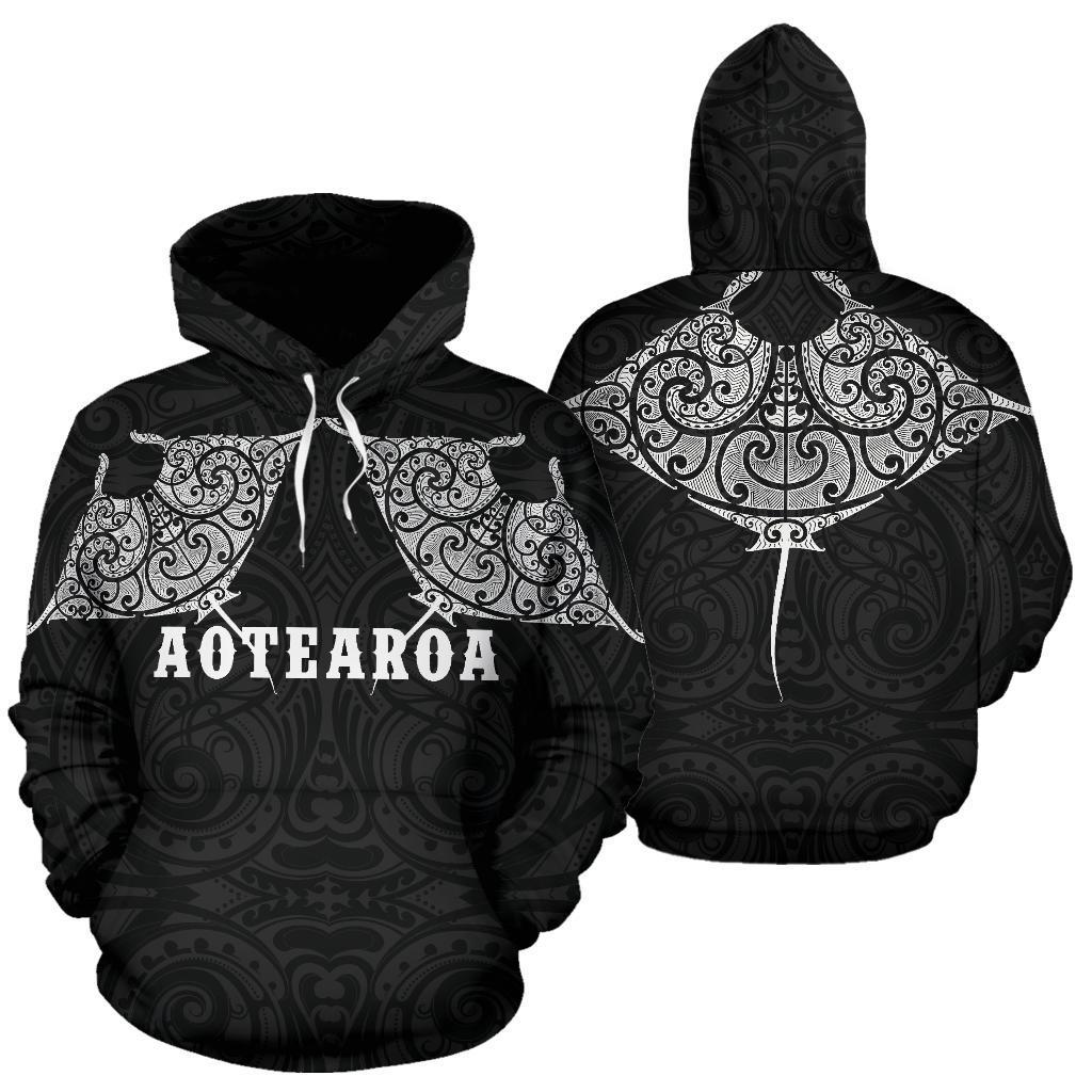 Maori Manta Ray Tattoo Style Hoodie Unisex Black - Polynesian Pride