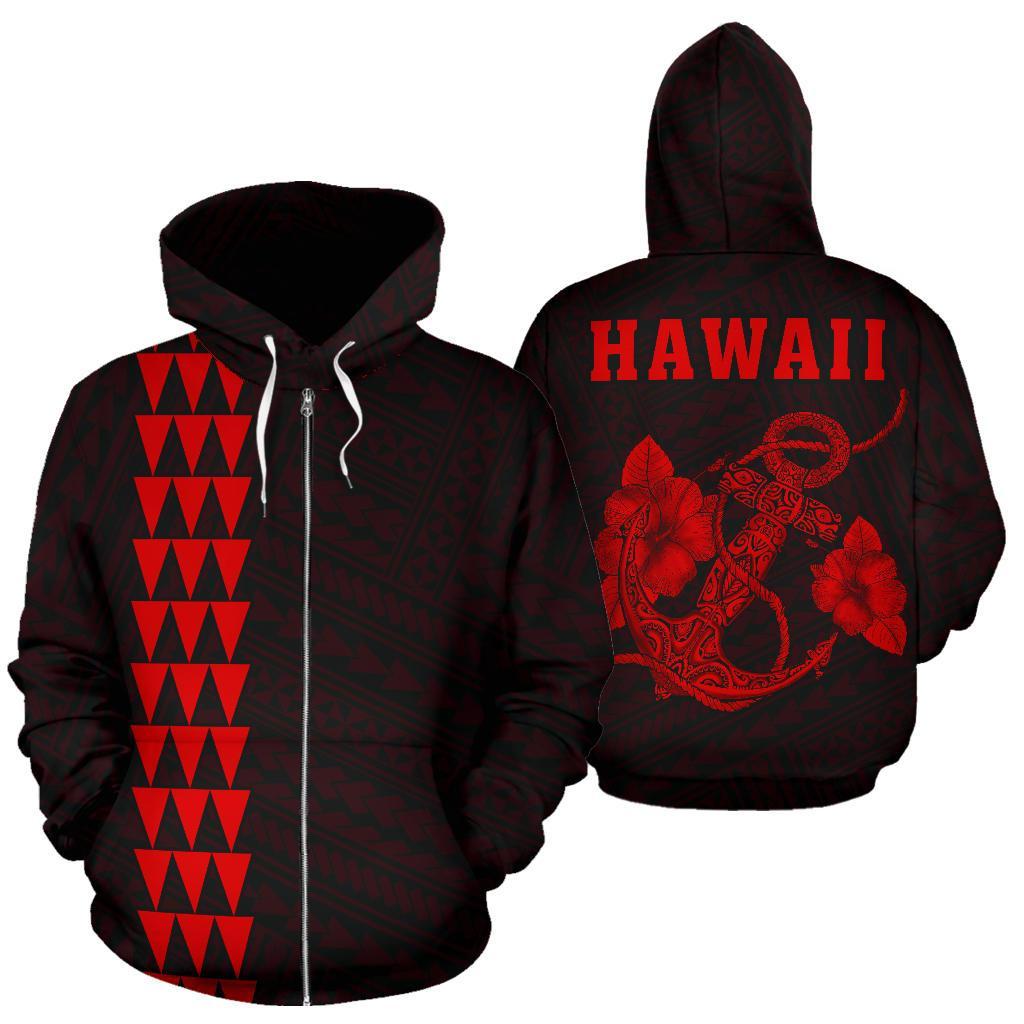 Polynesian Kakau Anchor Hibiscus Hawaii Zip Hoodie Red Unisex Red - Polynesian Pride