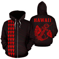 Polynesian Kakau Anchor Hibiscus Hawaii Zip Hoodie Red Unisex Red - Polynesian Pride