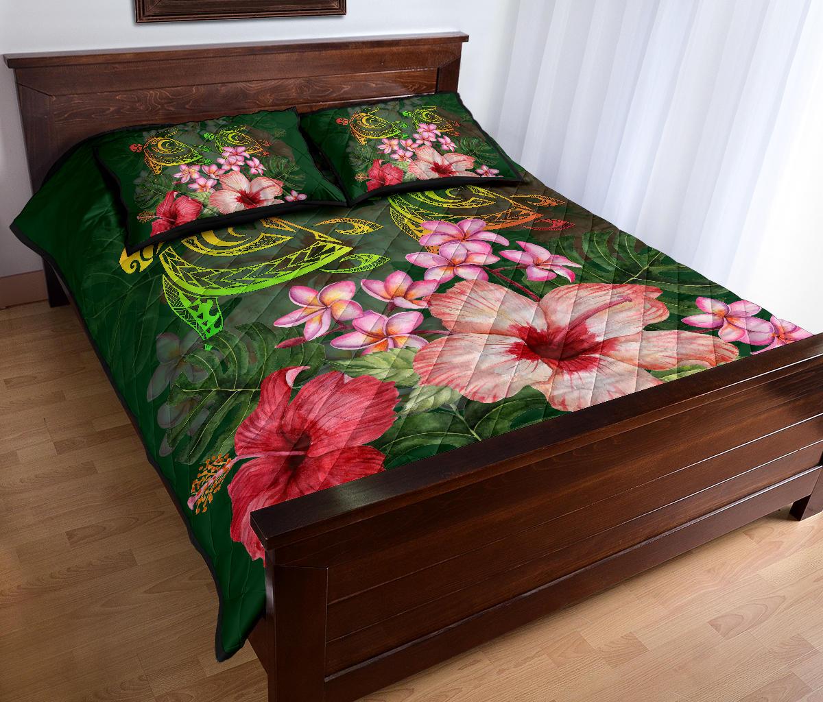 Hawaii Turtle Tropical Flower Quilt Bed Set - Deni Style - AH - Polynesian Pride