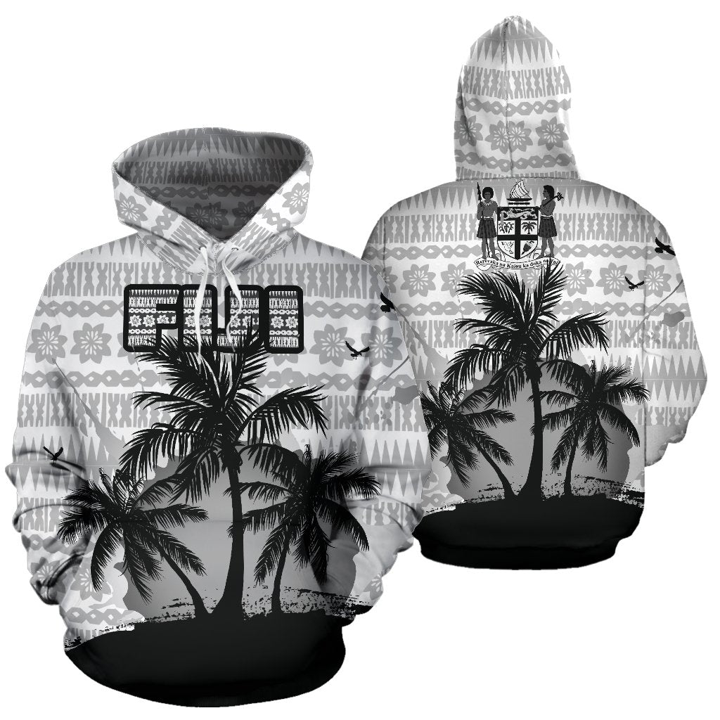 Fiji Tapa Hoodie Fiji Coat of Arms Coconut Tree Special Unisex Black and White - Polynesian Pride