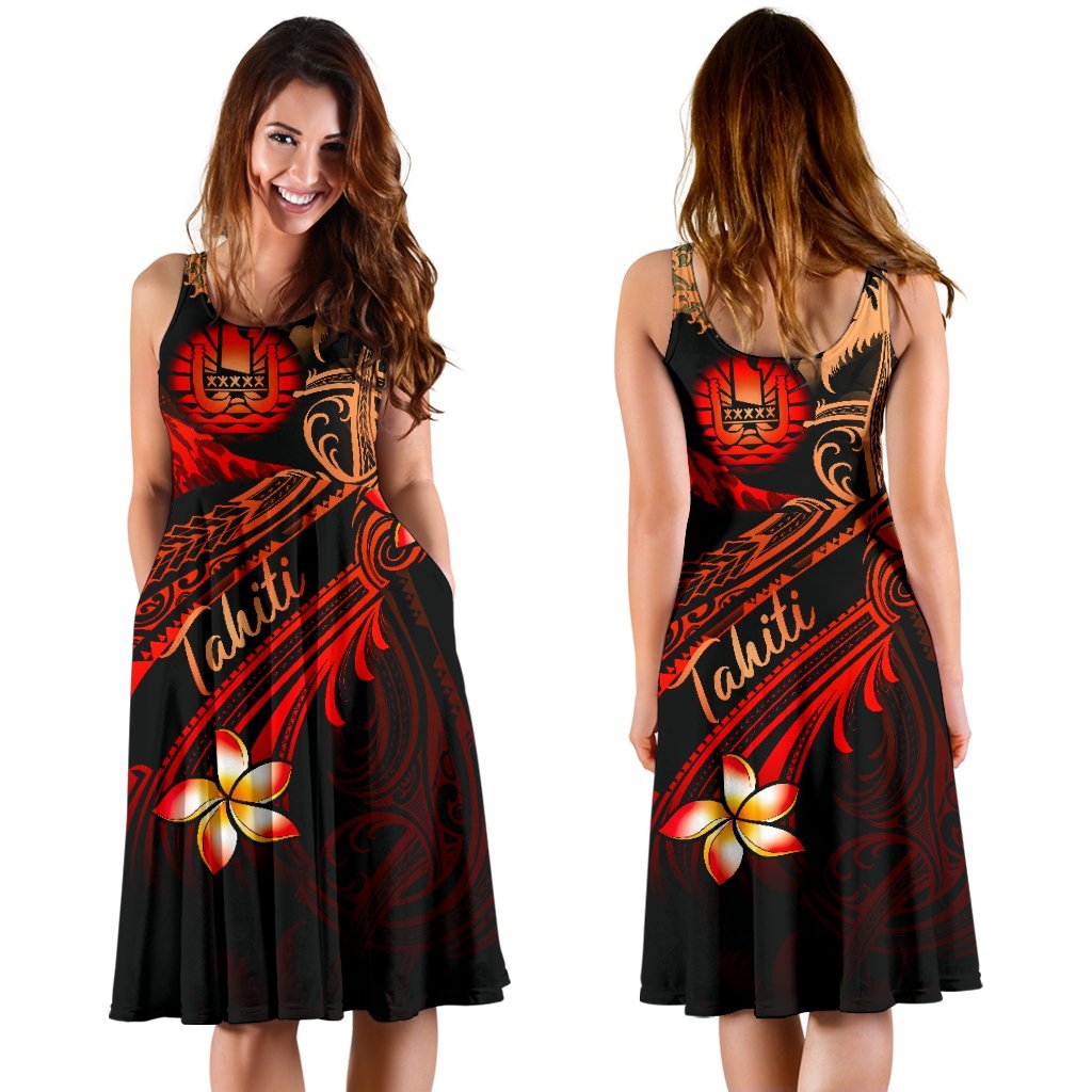 Tahiti Polynesian Midi Dress - Plumeria Flowers And Waves - Polynesian Pride