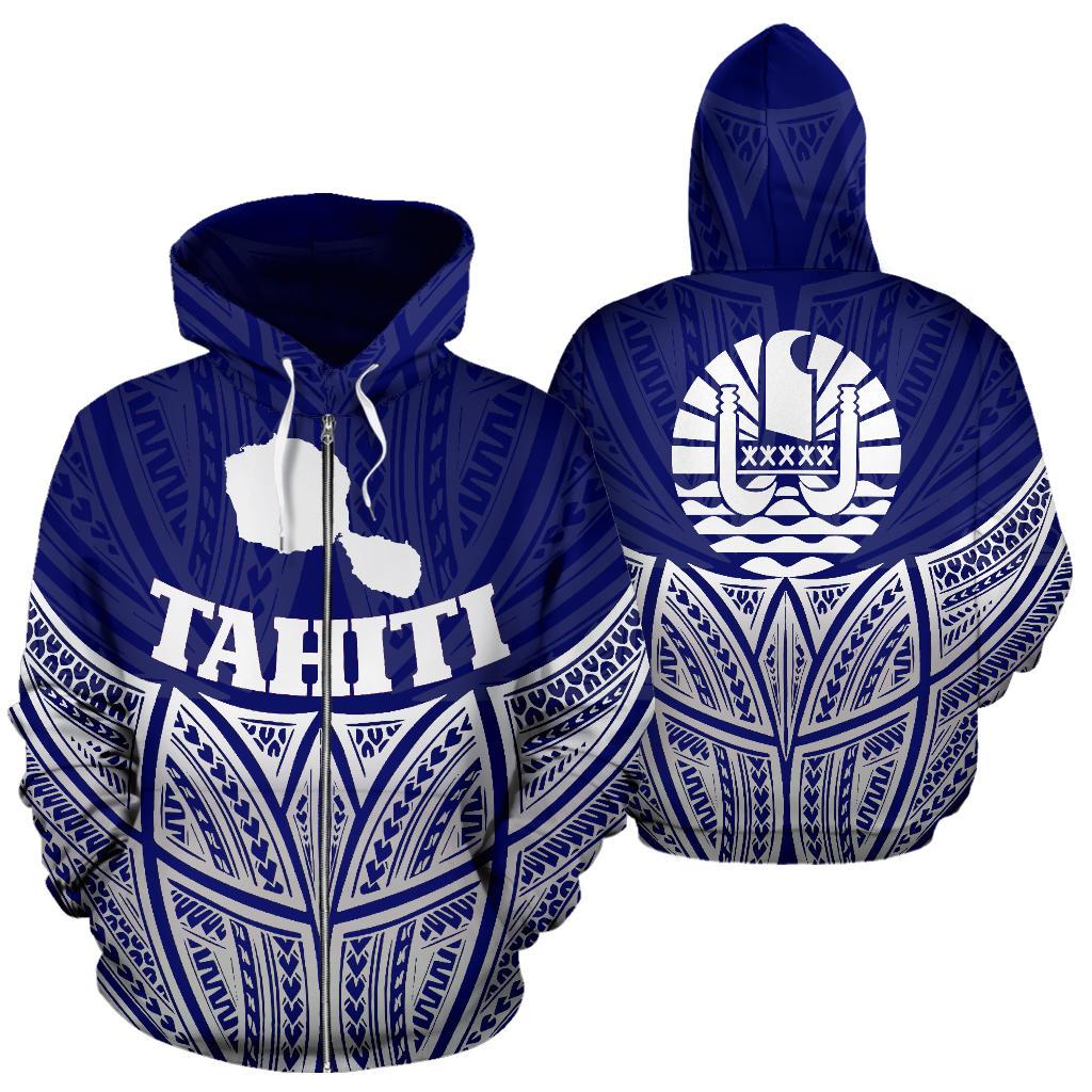 Tahiti Polynesian Zip up Hoodie Blue Pride Map and Seal Unisex Blue - Polynesian Pride