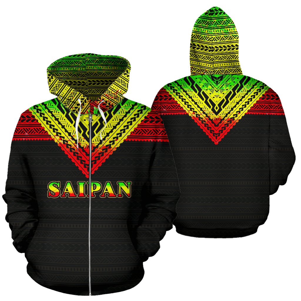 Saipan All Over Zip up Hoodie Reggae Color Version Unisex Black - Polynesian Pride