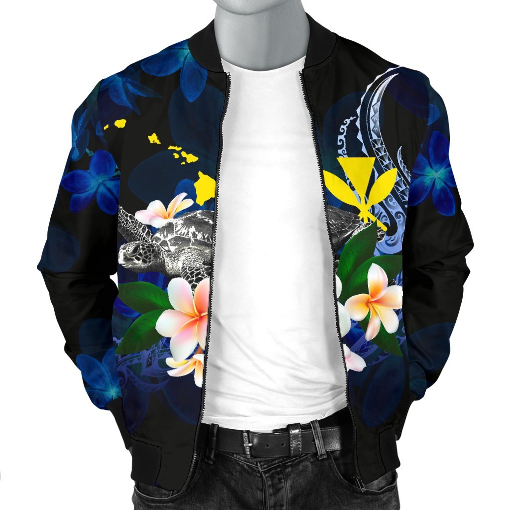 Polynesian Hawaii Men's Bomber Jacket - Turtle With Plumeria Flowers - Polynesian Pride