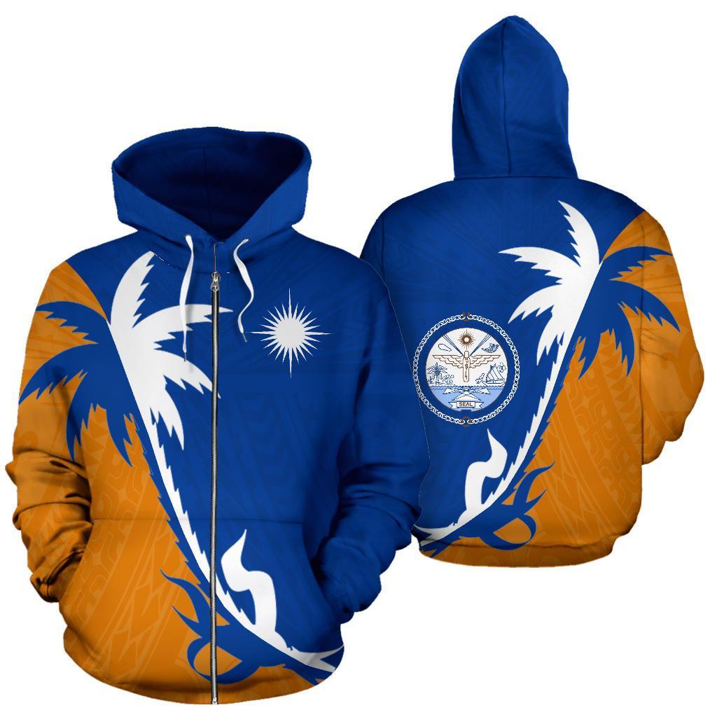 Marshall Islands Zip up Hoodie Marshall Islands Flag Seal Coconut Tree Unisex Blue - Polynesian Pride