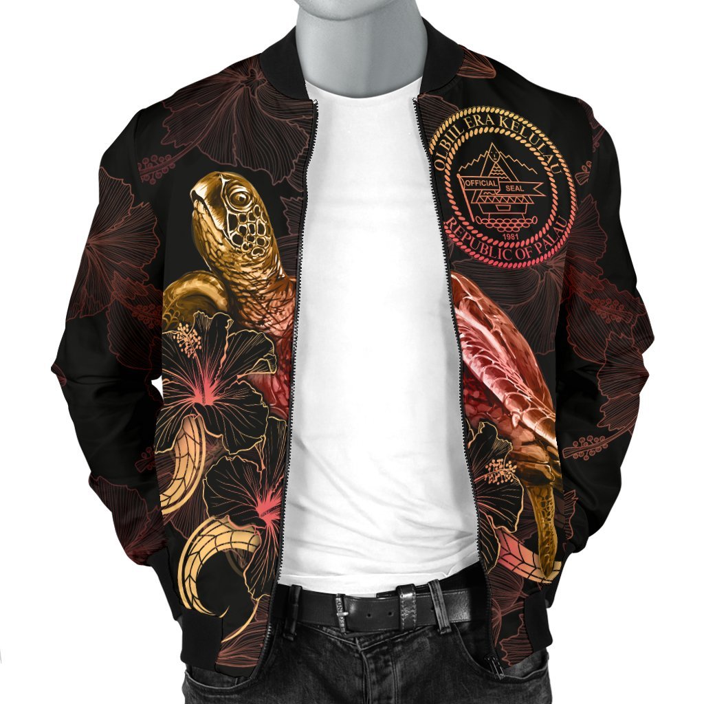 Palau Polynesian Men's Bomber Jacket - Turtle With Blooming Hibiscus Gold - Polynesian Pride