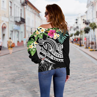 Tahiti Polynesian Women's Off Shoulder Sweater - Summer Plumeria (Black) - Polynesian Pride
