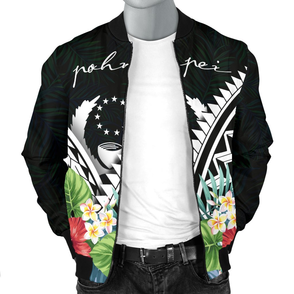 Pohnpei Men's Bomber Jacket - Pohnpei Caledonia Coat of Arms & Polynesian Tropical Flowers White - Polynesian Pride