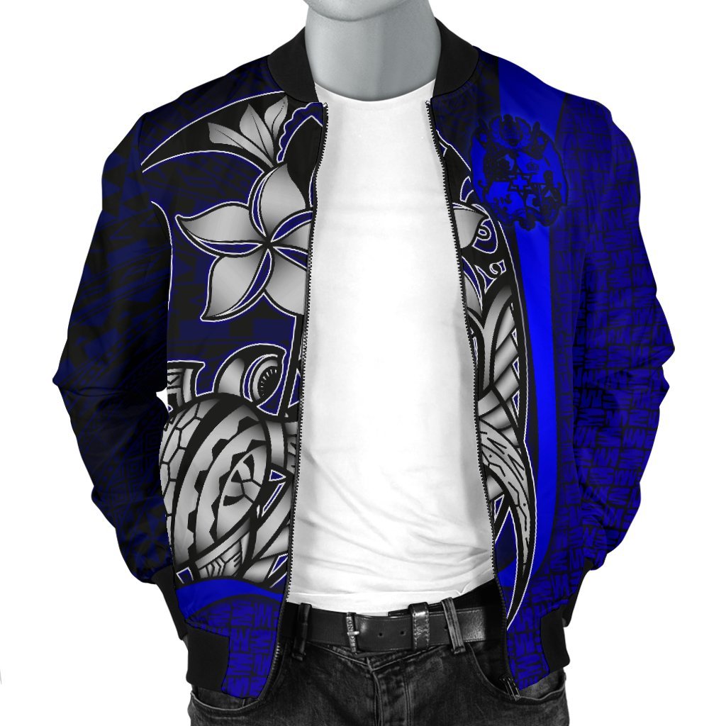 Tonga Micronesia Men's Bomber Jackets Blue - Turtle With Hook - Polynesian Pride