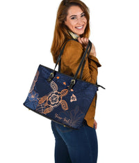 Personalized - Hawaii Kakau Polynesian Turtle Map Large Leather Tote Bag - Indigo - Polynesian Pride