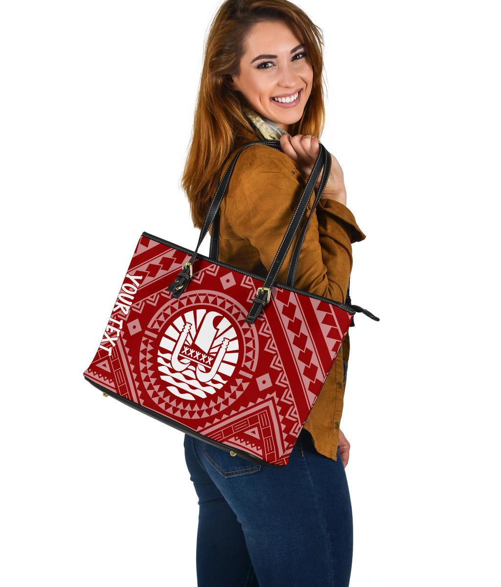 Tahiti Personalised Leather Tote Bag - Tahiti Seal In Polynesian Tattoo Style (Red) - Polynesian Pride