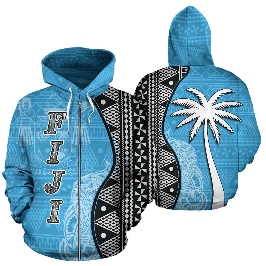 Fiji Polynesian Zip up Hoodie Tapa Pattern Coconut Tree Unisex Blue - Polynesian Pride