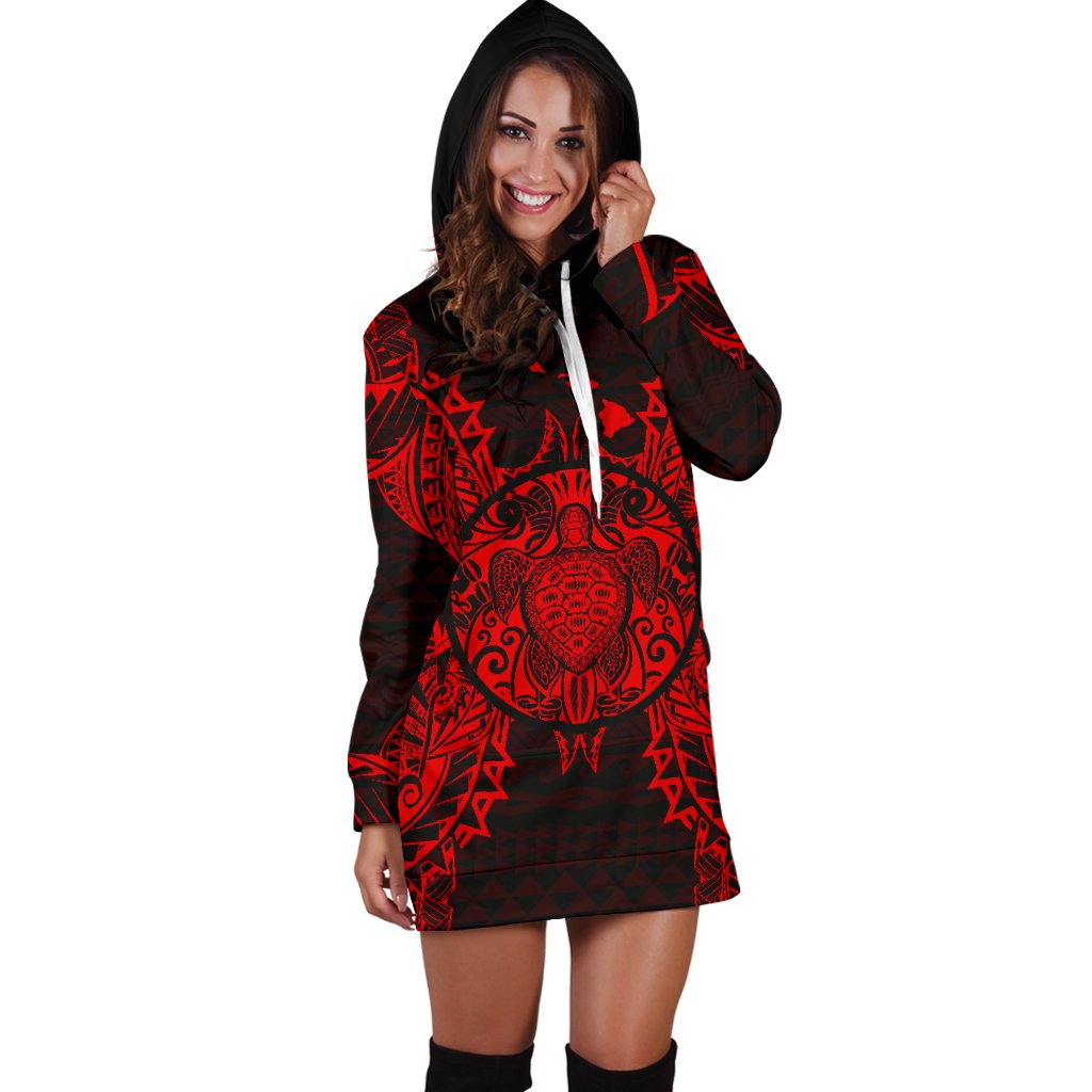 Hawaii Turtle Polynesian Hoodie Dress Map Red - Polynesian Pride