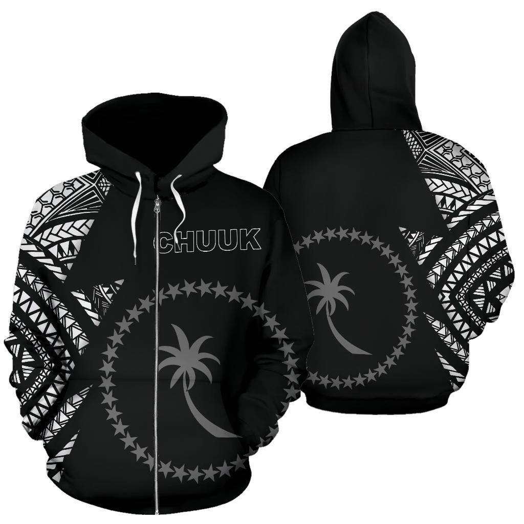 Chuuk Pattern All Over Zip up Hoodie Black Style FSM Unisex Black - Polynesian Pride