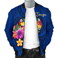 Tonga Polynesian Men's Bomber Jacket - Floral With Seal Blue - Polynesian Pride