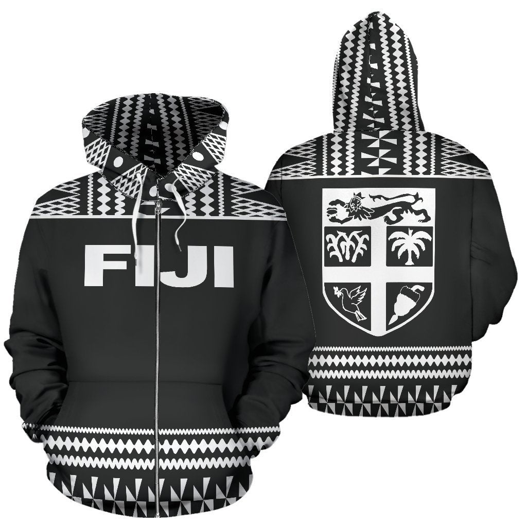 Fiji Tapa All Over Zip up Hoodie Black and White Version Unisex Black And White - Polynesian Pride