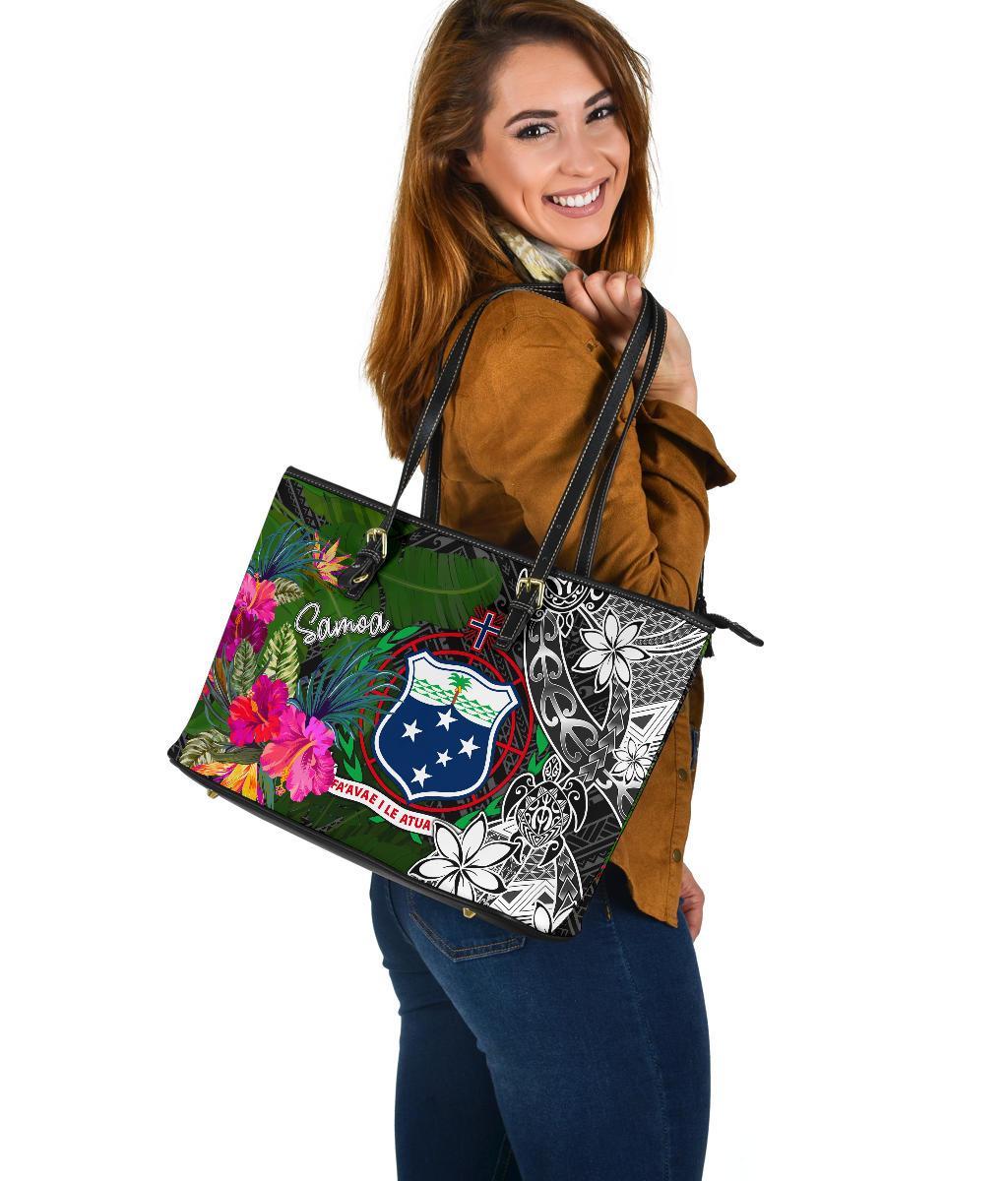 Samoa Large Leather Tote Bag - Turtle Plumeria Banana Leaf - Polynesian Pride