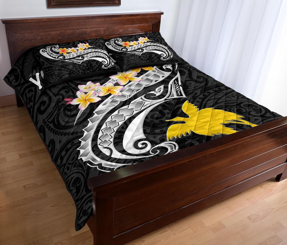 Papua New Guinea Custom Personalised Quilt Bed Set - PNG Seal Polynesian Patterns Plumeria (Black) - Polynesian Pride
