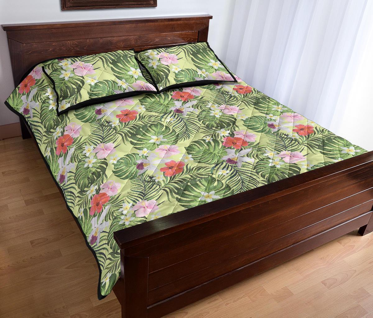 Hawaii Quilt Bed Set Tropical Hibiscus Plumeria Green AH - Polynesian Pride