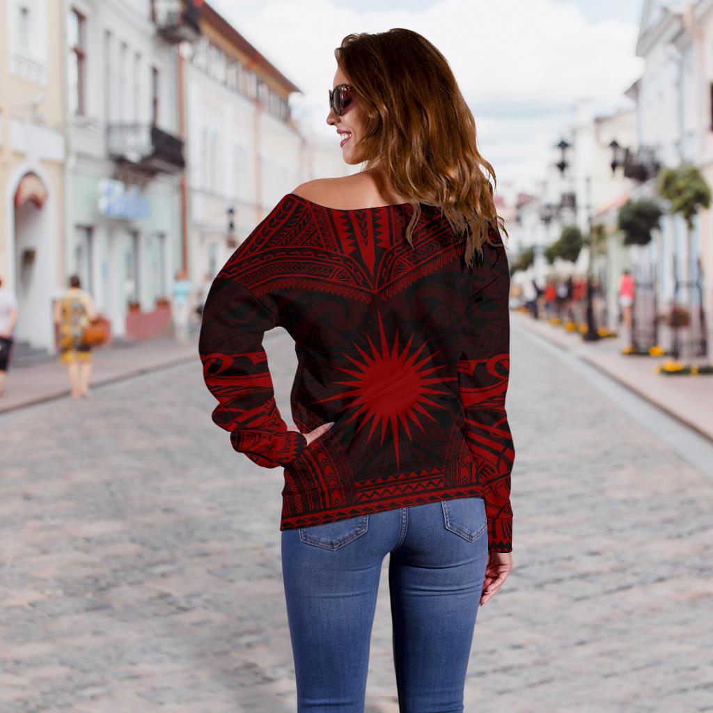 Marshall Islands Polynesian Chief Women's Off Shoulder Sweater - Red Version - Polynesian Pride