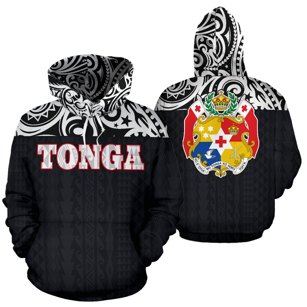 Tonga All Over Hoodie Polynesian Black Style Unisex White - Polynesian Pride