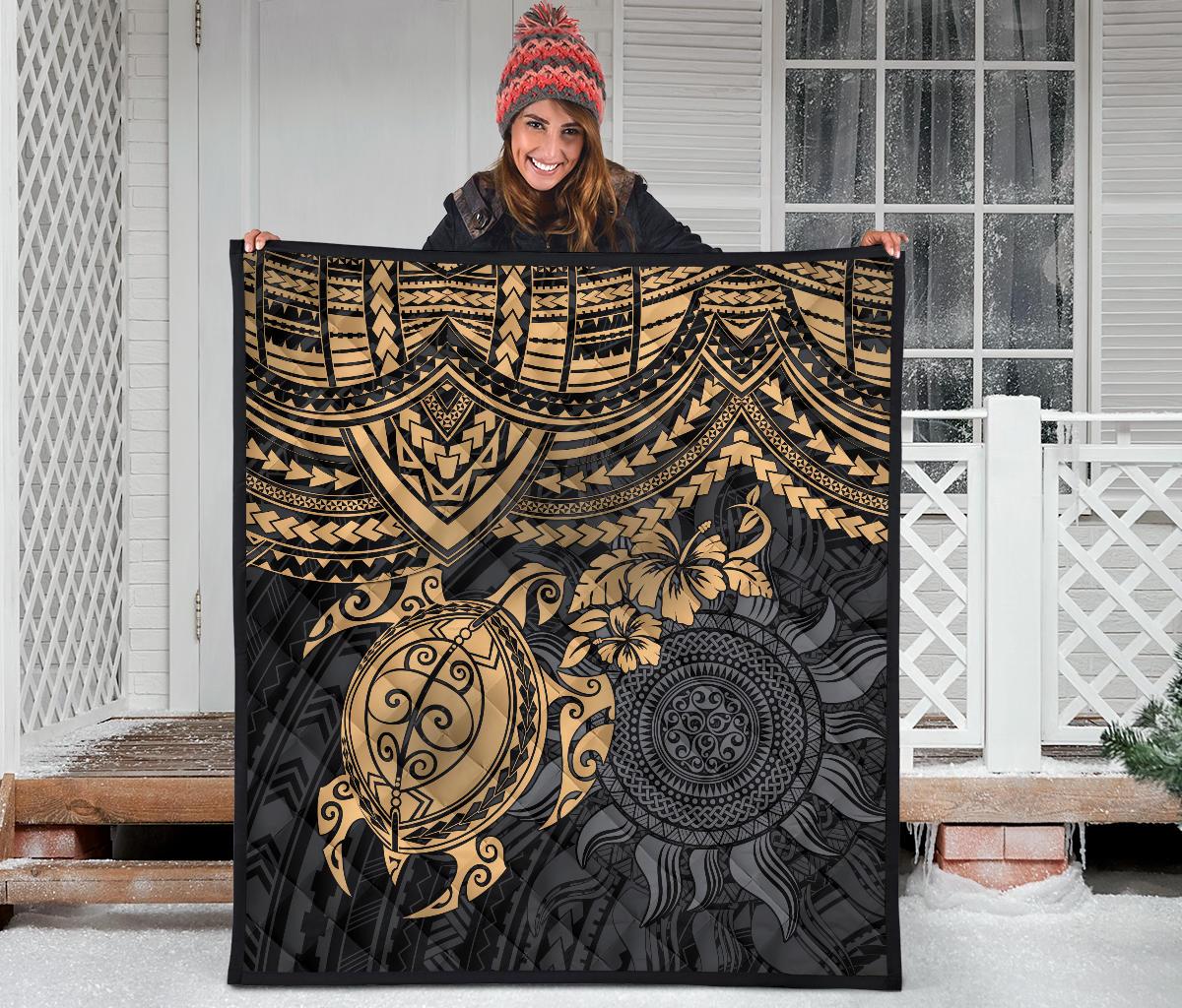 Polynesian Premium Quilt - Polynesian Golden Turtle Hibiscus - Polynesian Pride