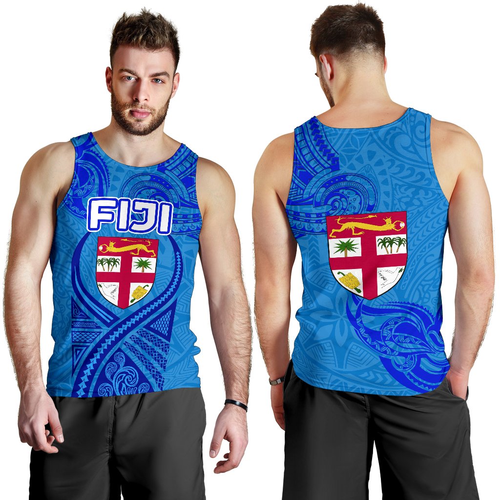 Blue Men Tank Top Fiji Rugby Polynesian Waves Style - Polynesian Pride