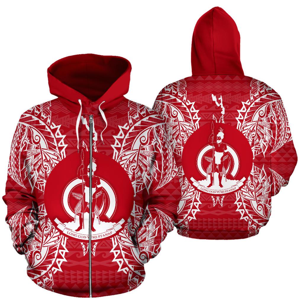 Vanuatu Polynesian All Over Zip up Hoodie Map Red White Unisex Red - Polynesian Pride