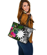 Nauru Large Leather Tote Bag - Turtle Plumeria Banana Leaf - Polynesian Pride
