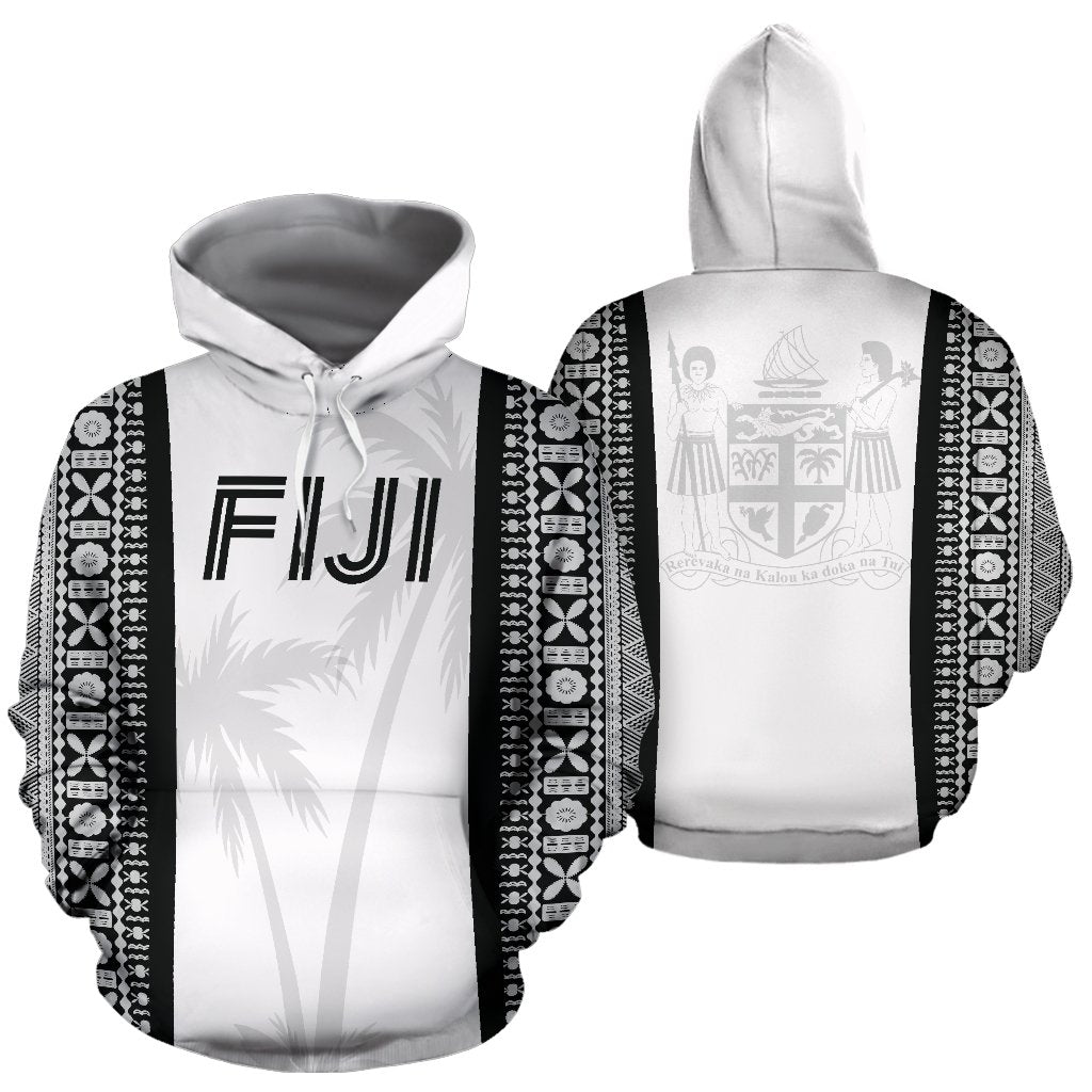 Fiji Tapa Hoodie Fiji Coat of Arms Coconut Tree Sports Style Unisex White - Polynesian Pride