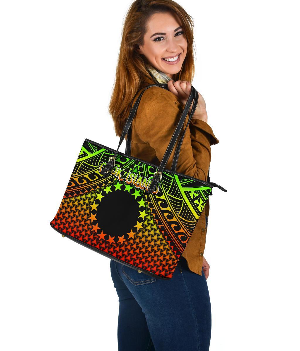 Polynesian Cook Islands Large Leather Tote Bag - Reggae Vintage Polynesian Patterns - Polynesian Pride