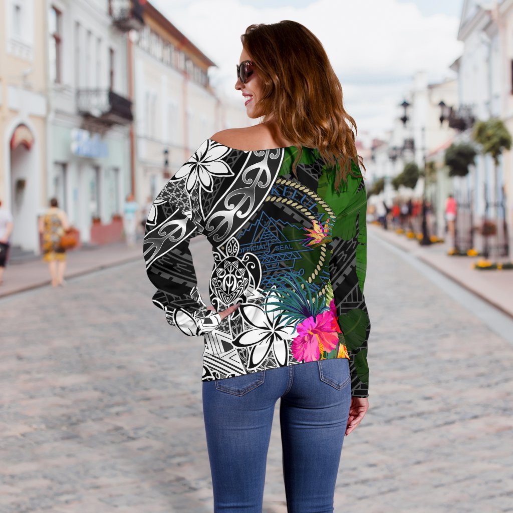 Palau Off Shoulder Sweater - Turtle Plumeria Banana Leaf Crest - Polynesian Pride