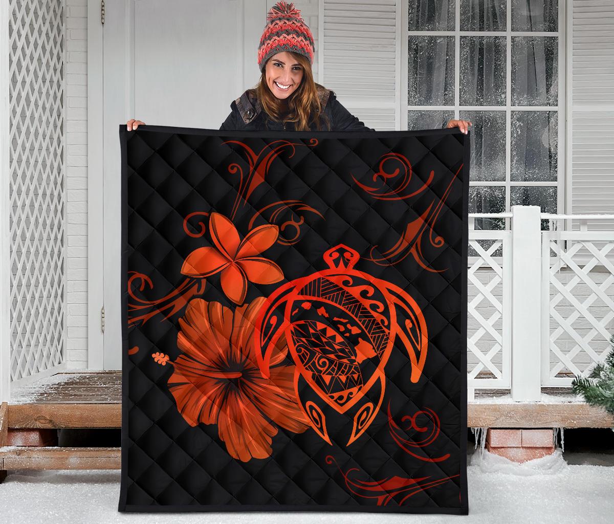 Hawaii Turtle Hibiscus Premium Quilt Orange - Polynesian Pride