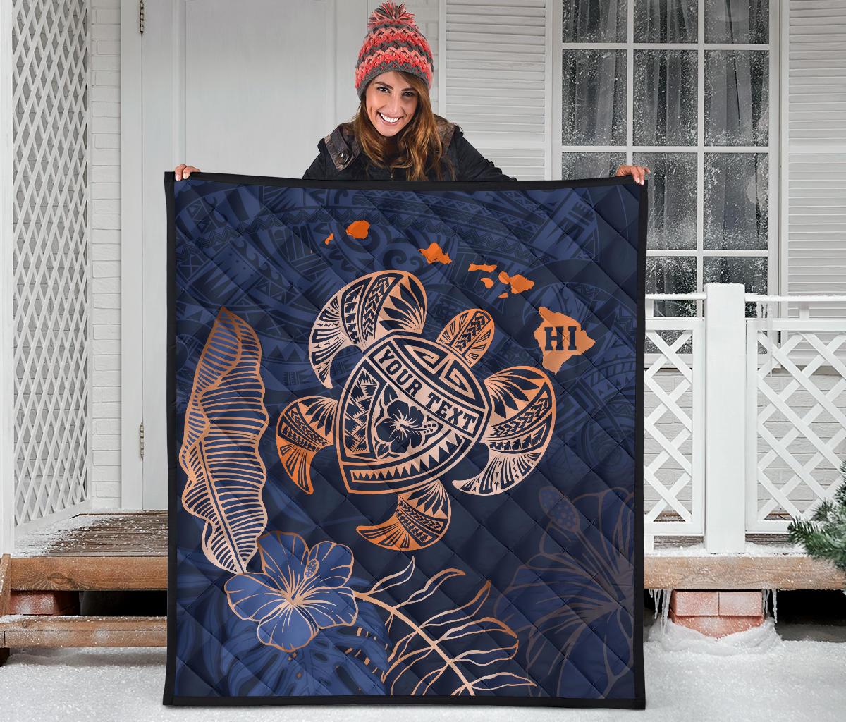 Personalized - Hawaii Kakau Polynesian Turtle Map Premium Quilt - Indigo Special Edition - Polynesian Pride