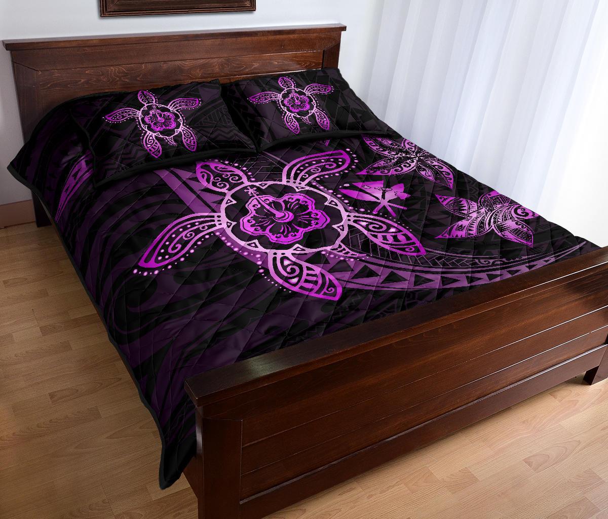 Kanaka Map Hibiscus Plumeria Turtle Art Pink Polynesian Quilt Bed Set - Polynesian Pride