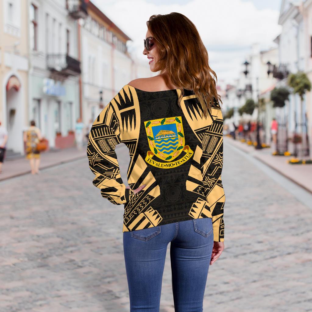 Tuvalu Women's Off Shoulder Sweater - Polynesian Tattoo Gold - Polynesian Pride