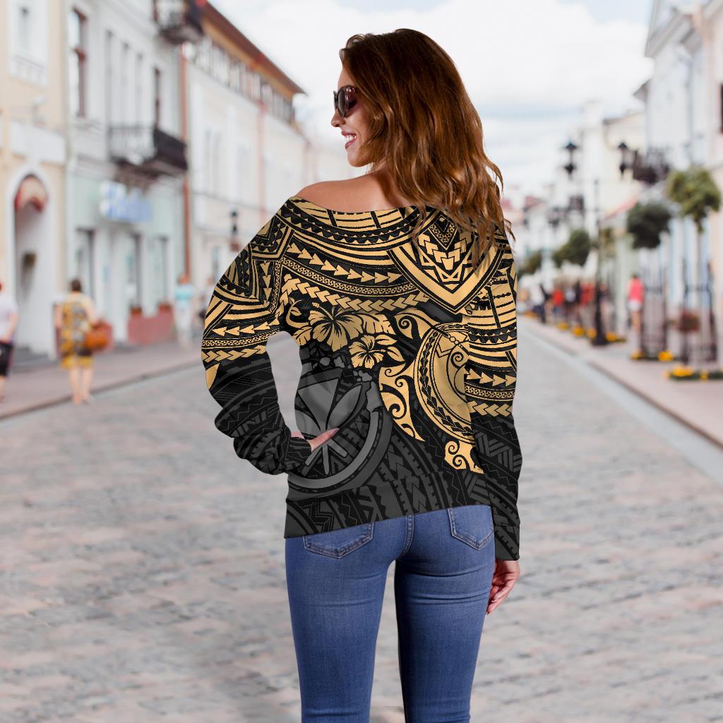 Polynesian Hawaii Women's Off Shoulder Sweater - Gold Turtle - Polynesian Pride