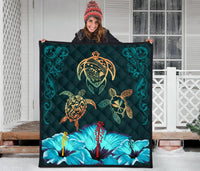 Hawaii Map Turtle Hibiscus Polynesian Luxury Premium Quilt - Honu Ohana - Polynesian Pride