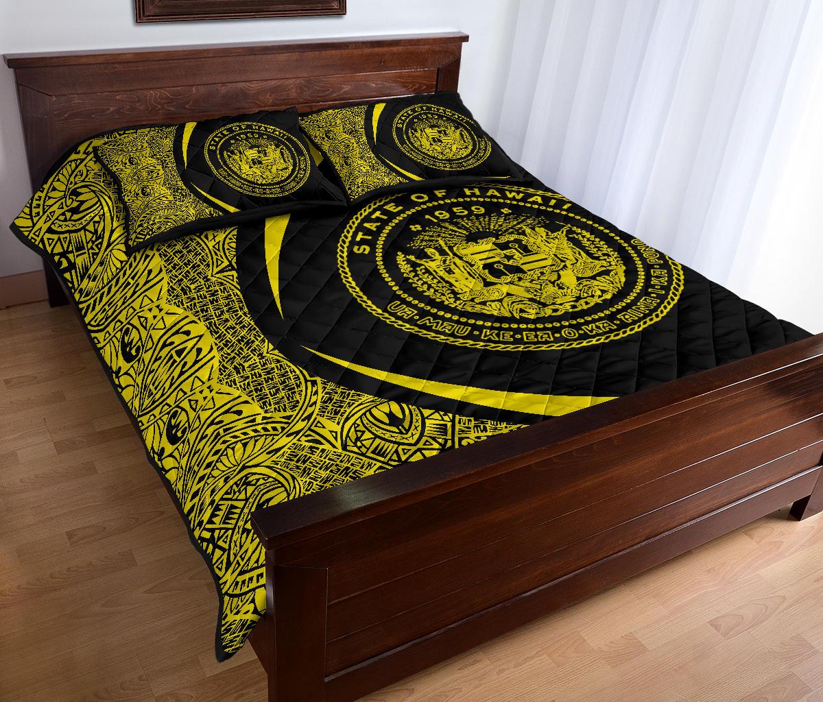 Hawaii Coat Of Arms Polynesian Quilt Bed Set - Circle Style Yellow - Polynesian Pride