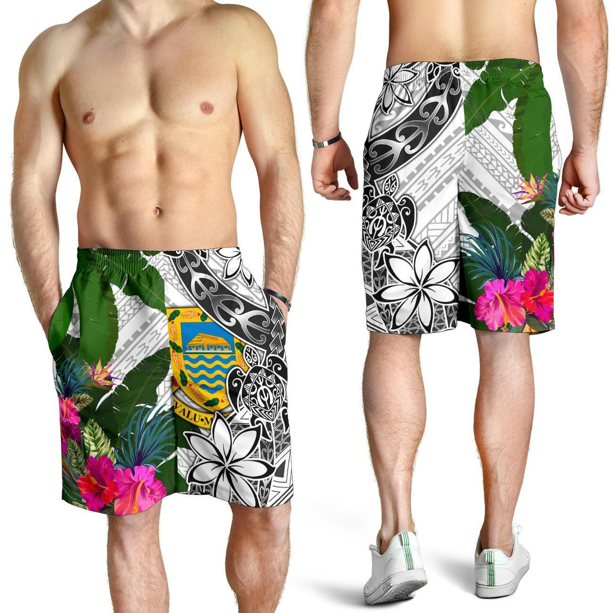 Tuvalu Men's Short White - Turtle Plumeria Banana Leaf - Polynesian Pride