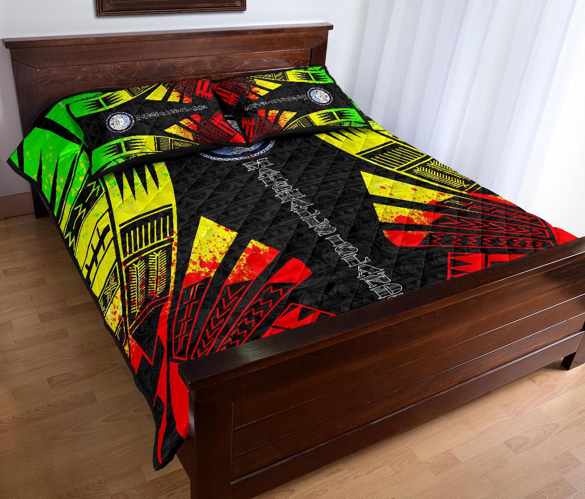 Marshall Islands Quilt Bed Set - Marshall Islands Seal & Polynesian Reggae Tattoo Style - Polynesian Pride