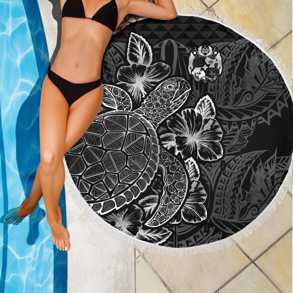 Tonga Polynesia Beach Blanket Turtle Hibiscus Black - Polynesian Pride