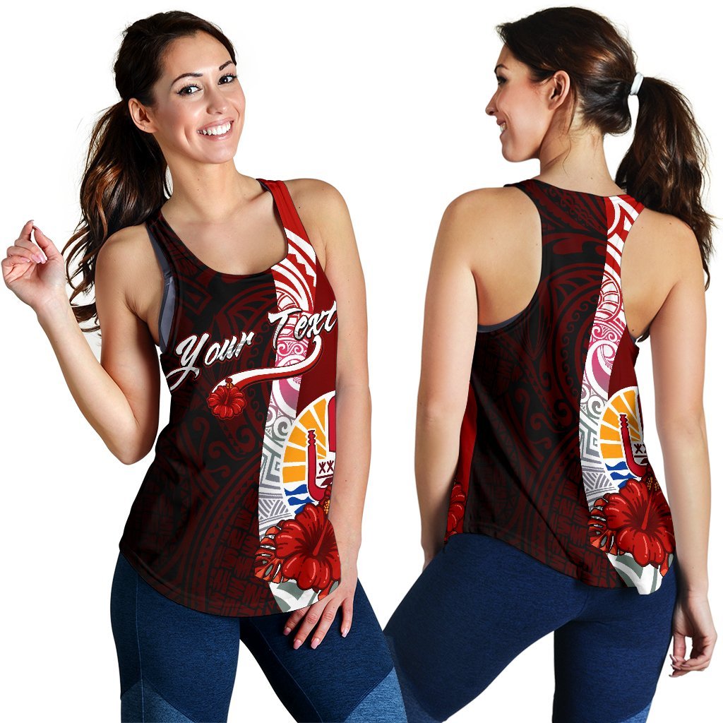 Tahiti Polynesian Custom Personalised Women's Racerback Tank - Coat Of Arm With Hibiscus Red - Polynesian Pride