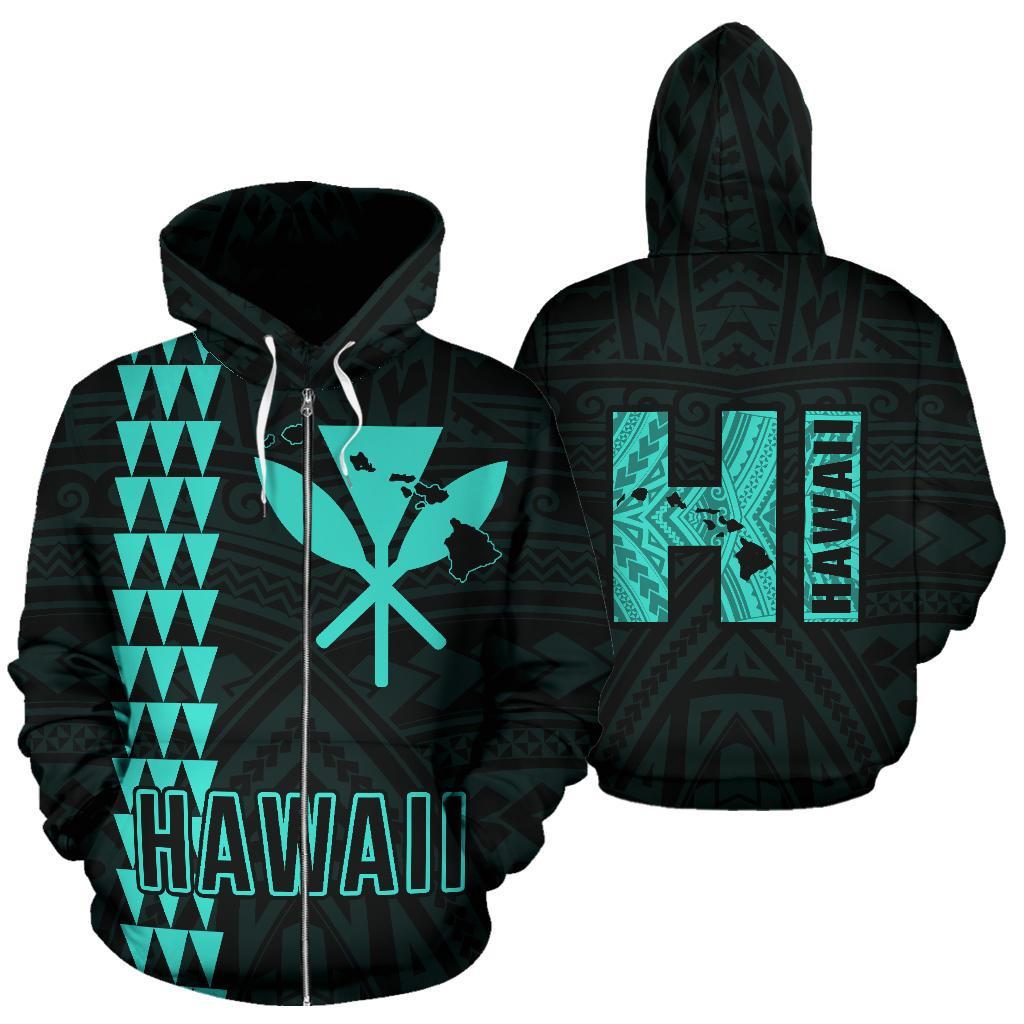 Polynesian Kakau Kanaka Map of Hawaii Zip Hoodie Turquoise Unisex Turquoise - Polynesian Pride